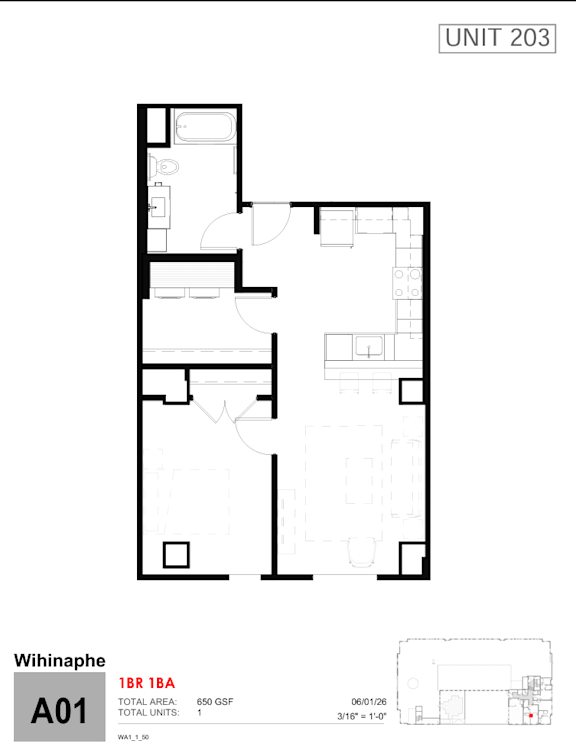 A black and white image of a floor plan for a unit labeled A01.