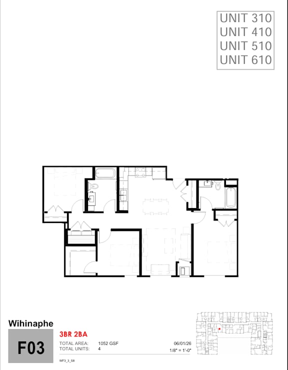 A floor plan of a building with four units labeled at the top.