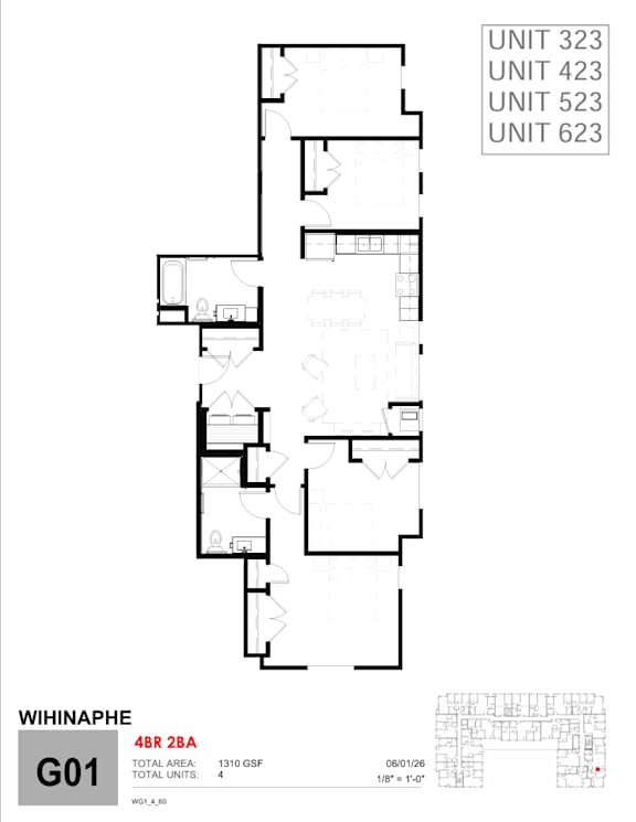A floor plan for an apartment complex with four units labeled 323, 423, 523, and 623.