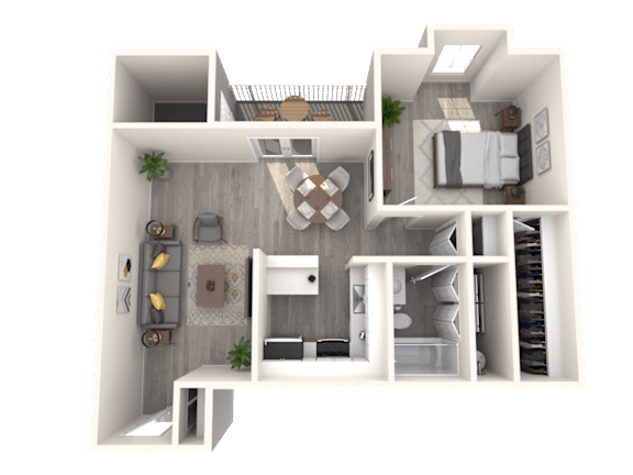 A 3D rendered image of a modern apartment layout.