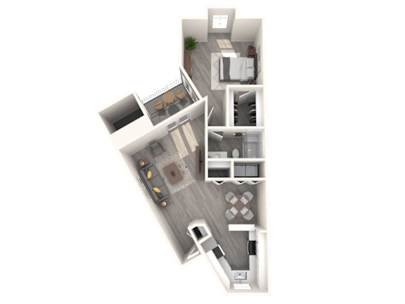 A 3D floor plan of a house with a garage and a living room.