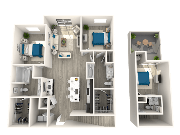 A 3D floor plan of an apartment home at Slate Scottsdale showing 3bedrooms, a living room, a kitchen, 2 bathrooms, and an upstairs loft.
