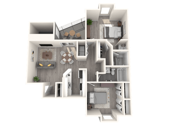 Floor Plan  A 3D floor plan of a house with multiple rooms and a garden.