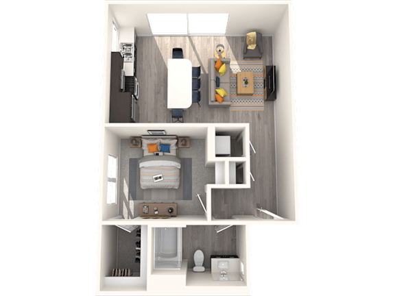 A 3D rendered image of a small apartment layout.