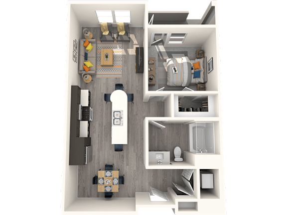 A 3D rendered image of a small apartment layout.