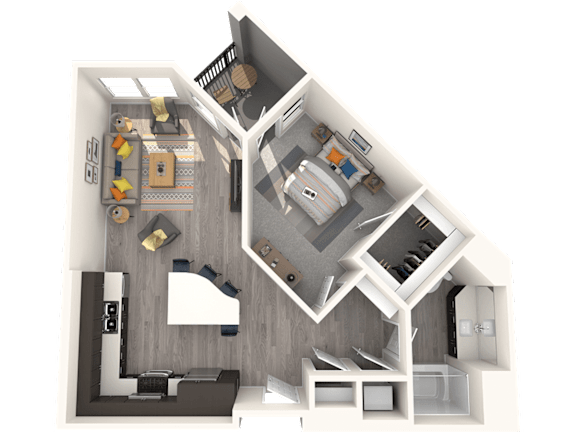 A 3D floor plan of a small apartment with a kitchen, living room, and bedroom.