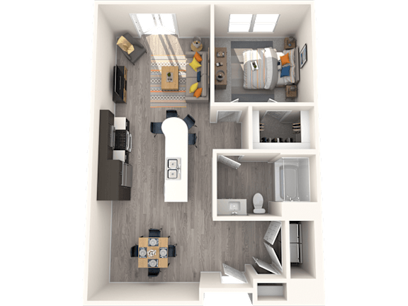 A 3D rendered image of a small apartment layout.