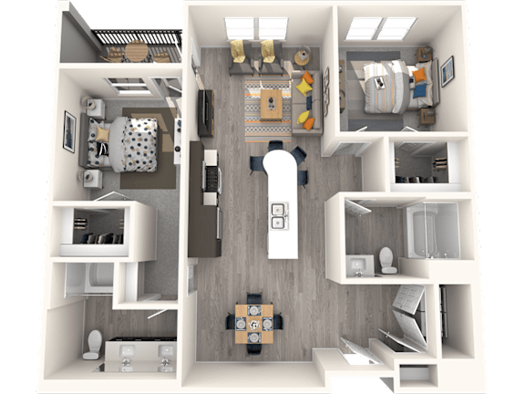 A 3D floor plan of a small apartment with a kitchen, living room, and bedroom.