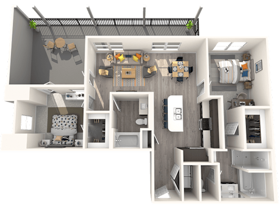 A 3D rendered image of a modern house interior.