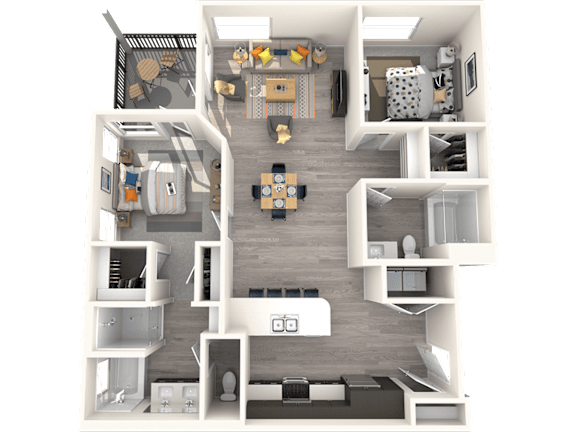 A 3D floor plan of a small apartment with a kitchen, living room, and bedroom.