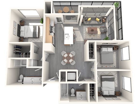 A 3D floor plan of a house with a kitchen, living room, and bathroom.
