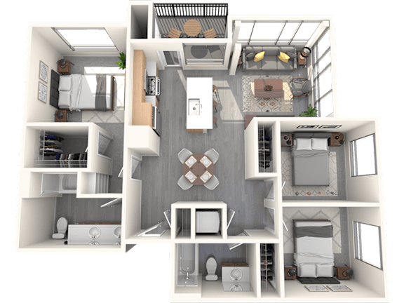 A 3D floor plan of a house with a kitchen, living room, and two bedrooms.