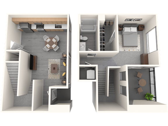A 3D floor plan of a two-bedroom apartment with a living room, kitchen, and bathroom.