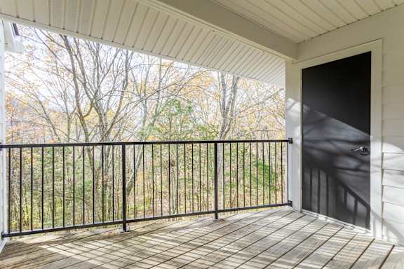 A balcony with a black railing and a wooden floor.