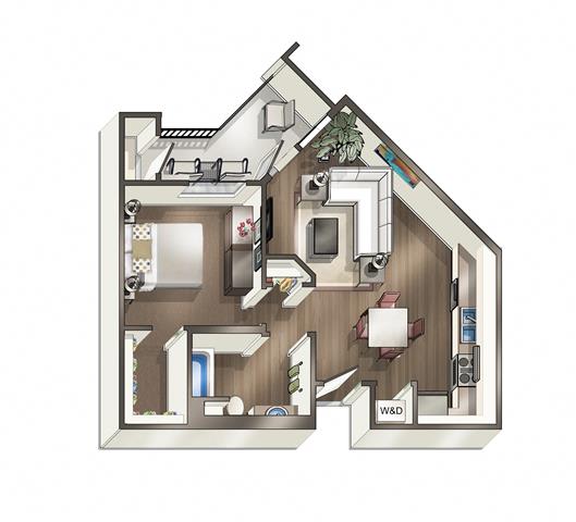3D floorplan of one bedroom one bathroom apartment at Vive on the Park in San Diego