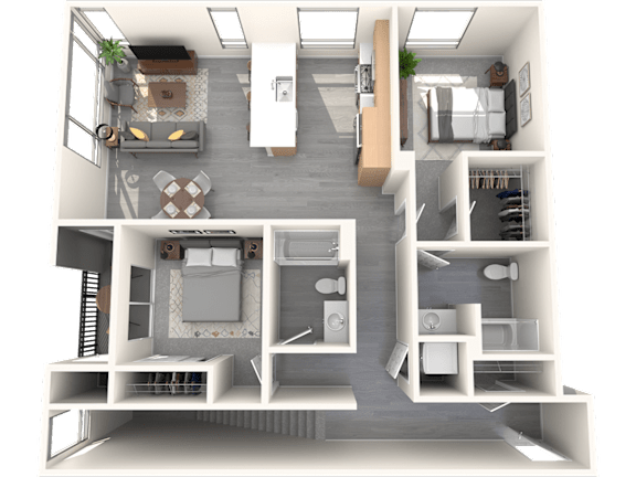 A 3D floor plan of a house with a kitchen, living room, and bedrooms.