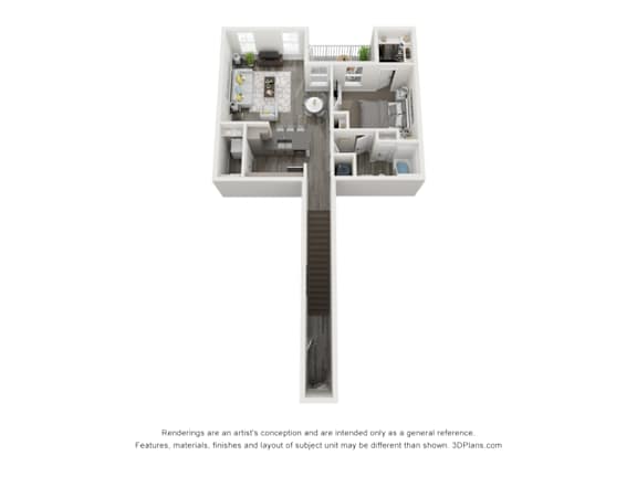 Floor Plan  A 3D image of a floor plan of a house.