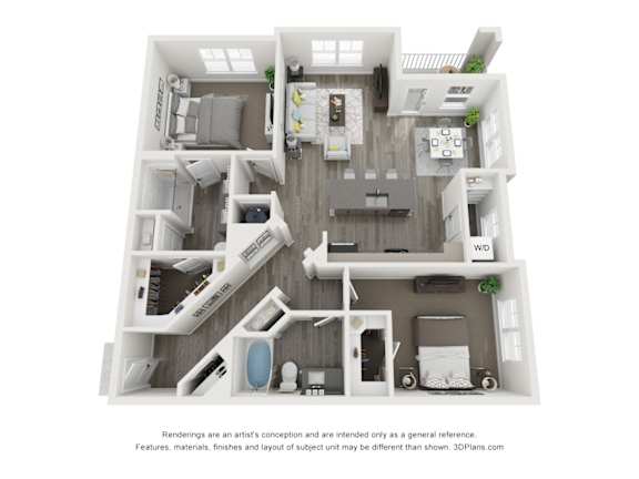 Floor Plan  A 3D floor plan of a house with a kitchen, living room, and bathroom.