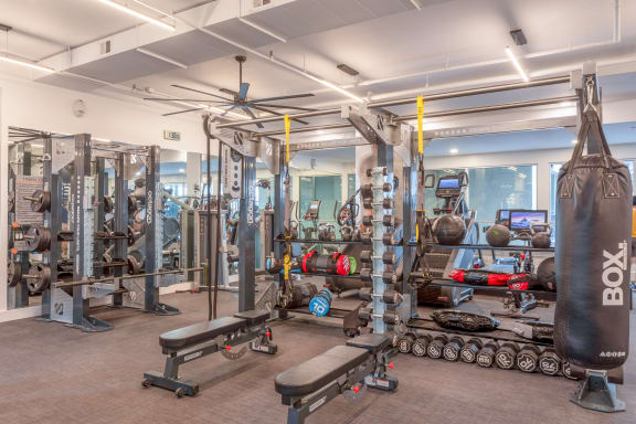 a gym with weights and other gym equipment