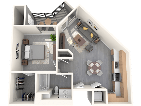 A 3D rendered image of a house layout with a kitchen, living room, and bathroom.