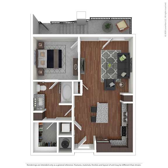 A floor plan of a small apartment with a kitchen, living room, and bathroom.