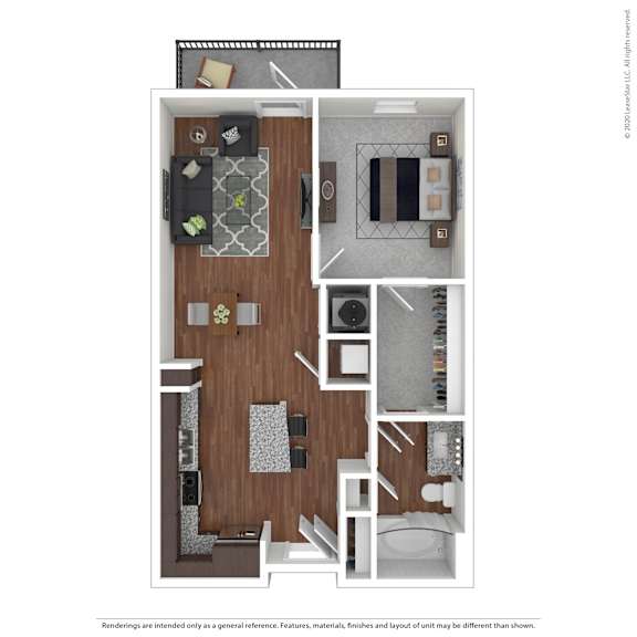 A floor plan of a small apartment with a kitchen, living room, and bathroom.