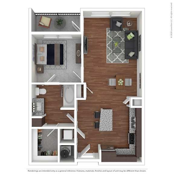 A floor plan of a small apartment with a kitchen, living room, and bathroom.