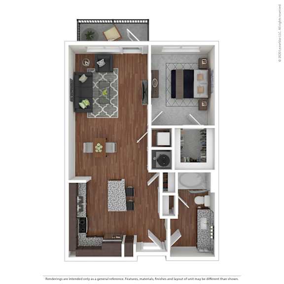 A floor plan of a small apartment with a kitchen, living room, and bathroom.