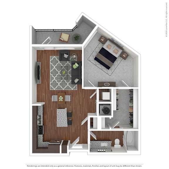 A 3D floor plan of a house with a kitchen, living room, and bathroom.