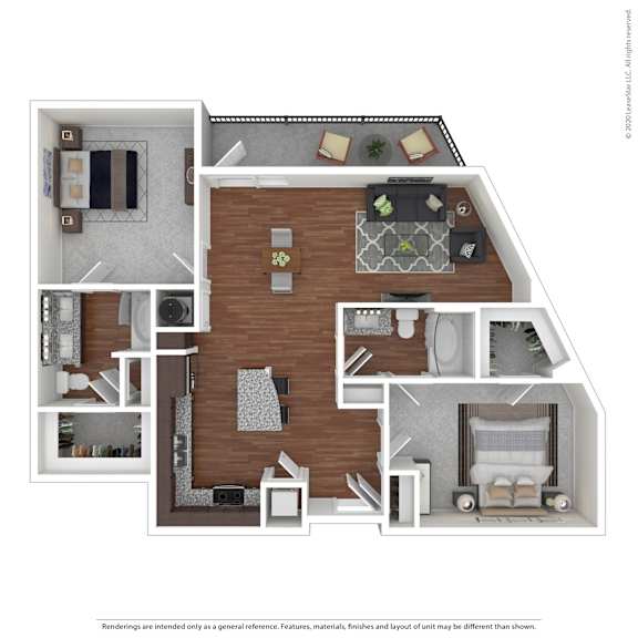 A 3D floor plan of a house with a kitchen, living room, and two bedrooms.