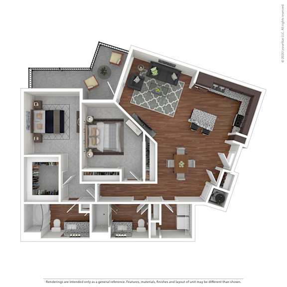 A 3D floor plan of a house with multiple rooms and furniture.