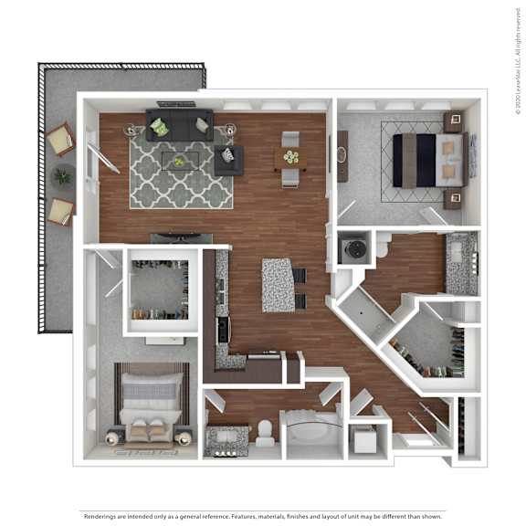 A 3D rendered image of a house layout.