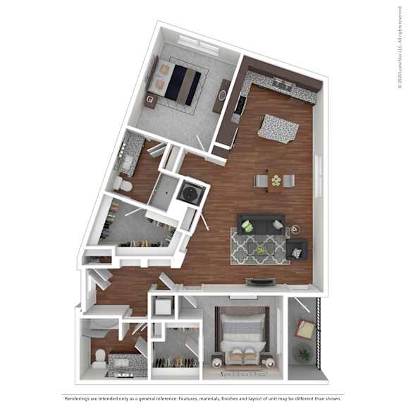A floor plan of a house with a kitchen, living room, and two bedrooms.