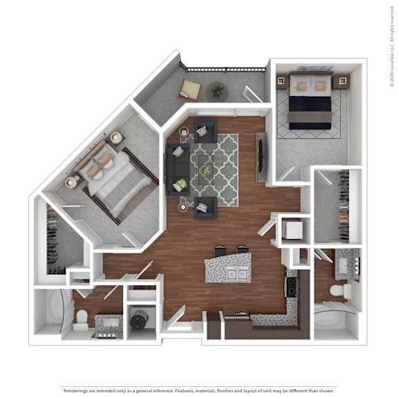 A floor plan of a two-bedroom apartment with a living room, kitchen, and bathroom.