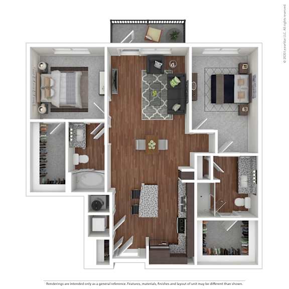 A 3D floor plan of a house showing a kitchen, living room, and bathrooms.