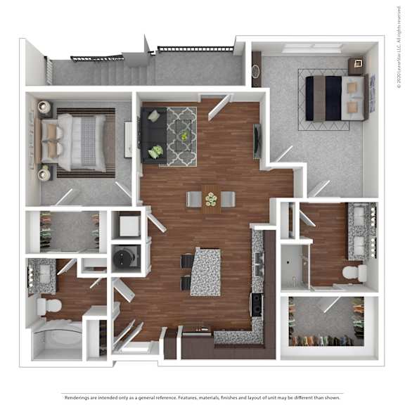 A floor plan of a house with a living room, dining room, kitchen, and bathrooms.