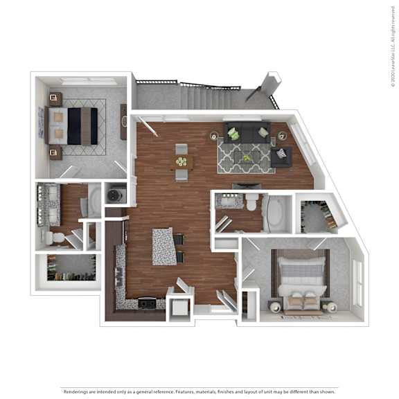A 3D rendered image of a house layout.