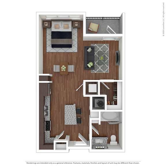 A floor plan of a small apartment with a kitchen, living room, and bedroom.