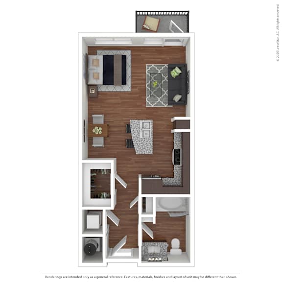 A floor plan of a small apartment with a kitchen, living room, and bathroom.