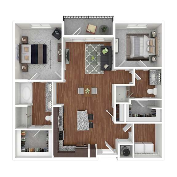 A top-down view of a house layout with a kitchen, living room, and bedrooms.