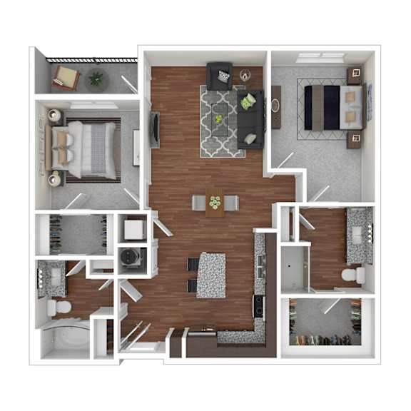 A floor plan of a house with a kitchen, living room, dining room, and bathrooms.