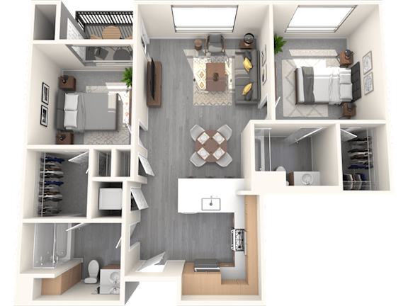 A 3D floor plan of a house with a kitchen, living room, and bedrooms.