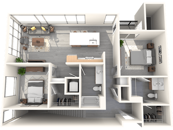 A 3D floor plan of a house with a kitchen, living room, and bathroom.