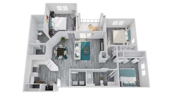 A 3D floor plan of a house with multiple rooms and a central hallway.