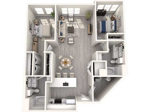 A top-down view of a modern apartment layout with a kitchen, living room, and bedrooms.