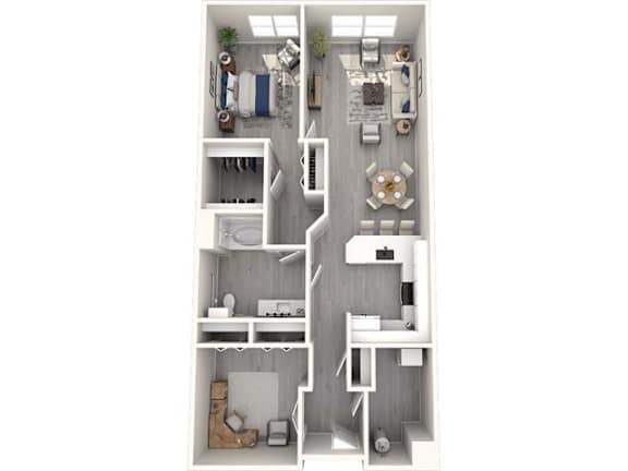 A 3D floor plan of a small apartment with a kitchen, living room, and bathroom.