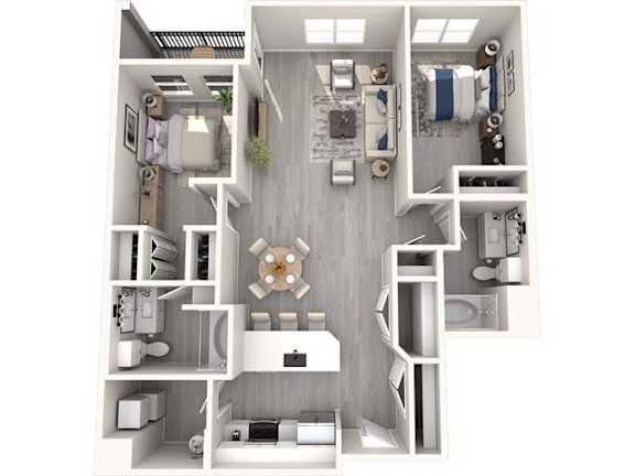 A top-down view of a small, neatly organized apartment with a kitchen, living room, and bathroom.