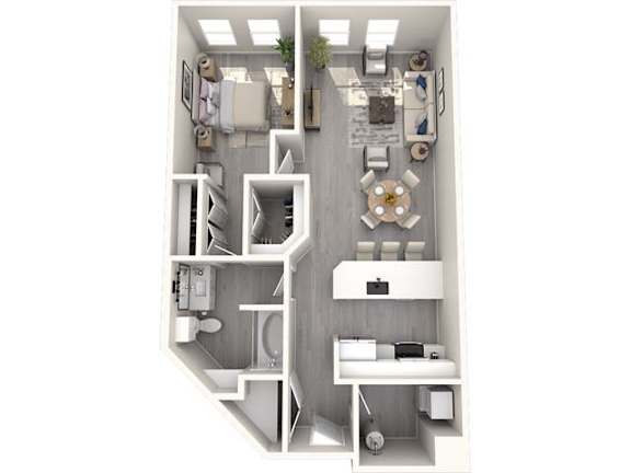A white 3D floor plan of a small apartment with a kitchen, living room, and bathroom.