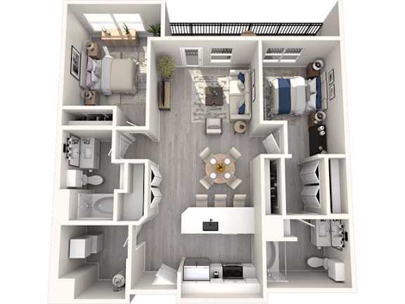 A 3D floor plan of a small apartment with a kitchen, living room, and bathroom.