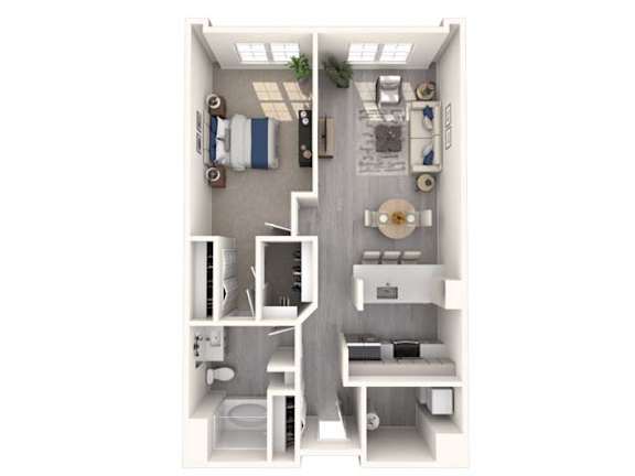 Floor Plan  A 3D floor plan of a small apartment with a kitchen, living room, and bathroom.